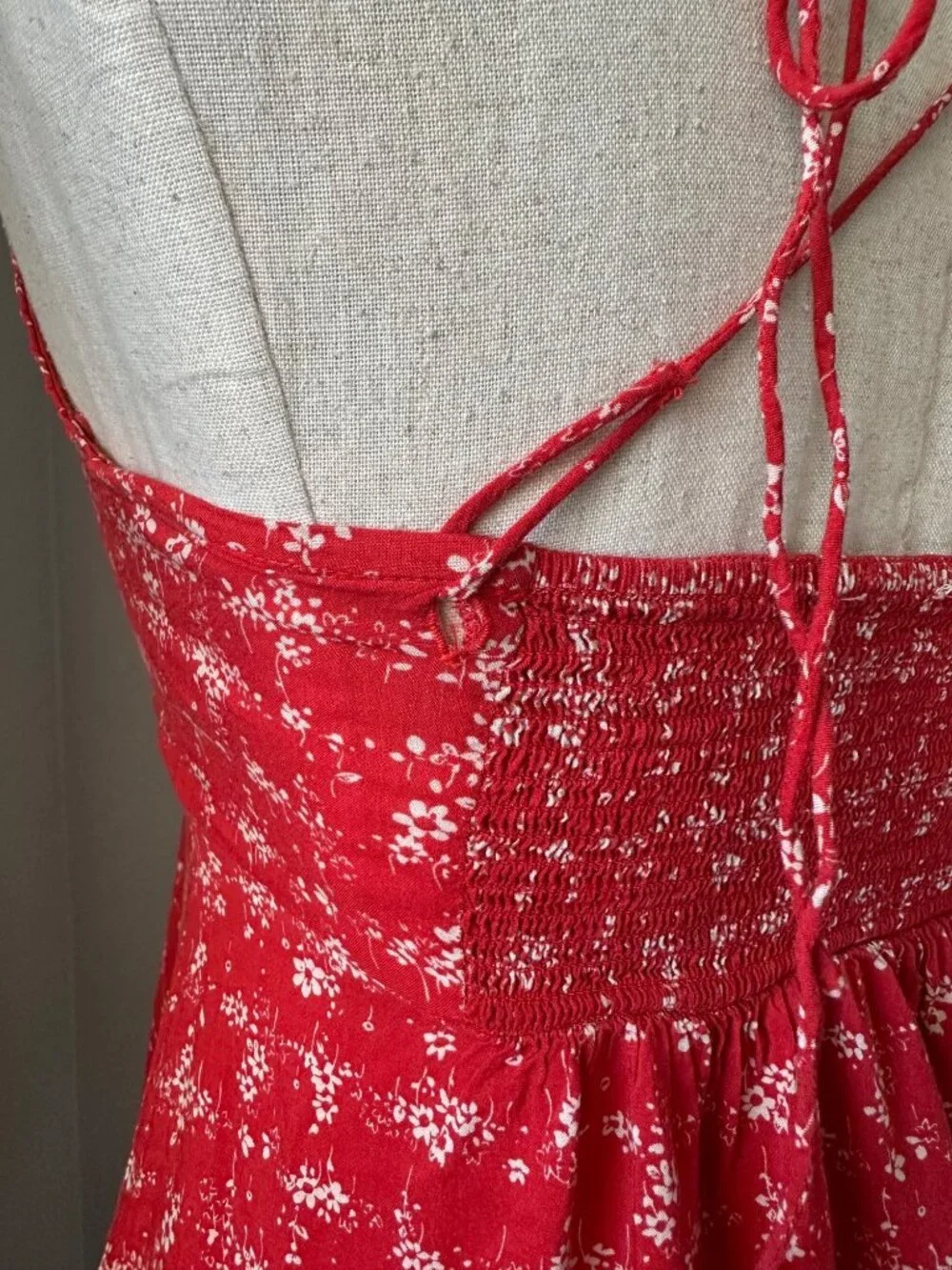 Free People Red Floral Print Halter Mini Dress Viscose Tie Back Lightweight XS